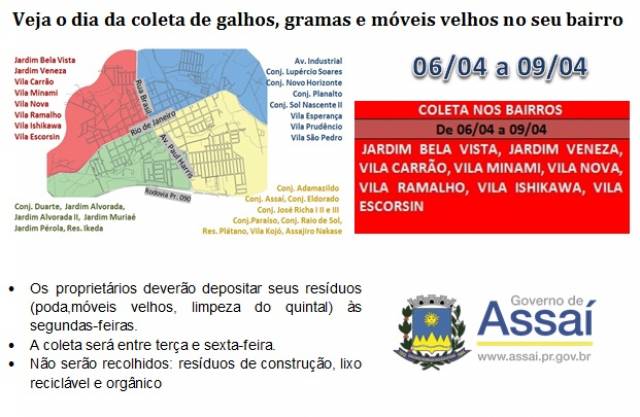 =CALENDÁRIO DE COLETA DE GALHOS, GRAMA E MÓVEIS VELHOS.