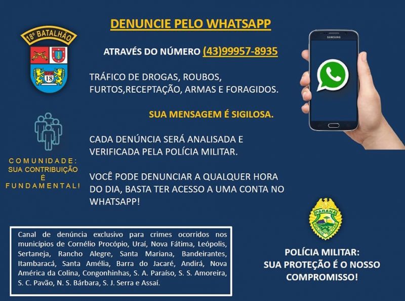 =Polícia Militar disponibiliza número de WhatsApp para receber denúncias da população