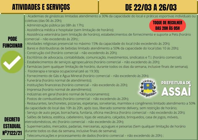 A PARTIR DE 22/03 ATIVIDADES E SERVIÇOS SEGUEM O DECRETO ESTADUAL 7122/21