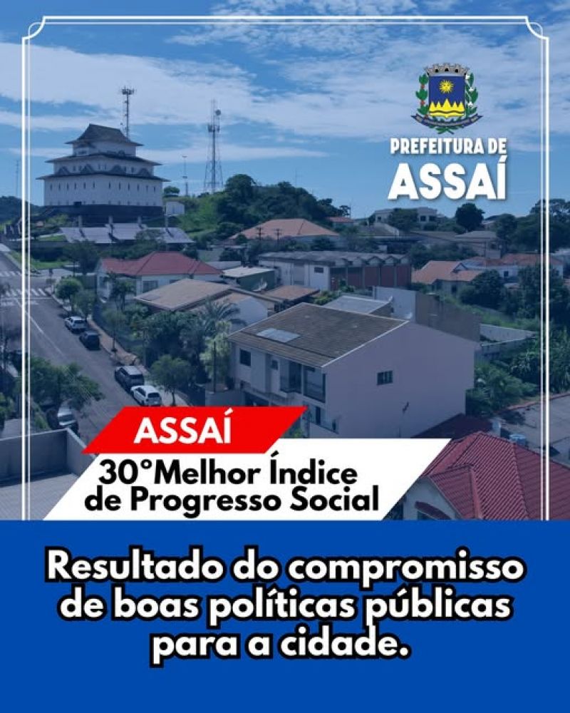 ASSAÍ CONQUISTA 30ª COLOCAÇÃO NO ÍNDICE DE PROGRESSO SOCIAL DO PARANÁ: RESULTADO DO COMPROMISSO COM POLITICAS PUBLICAS PARA A CIDADE.
