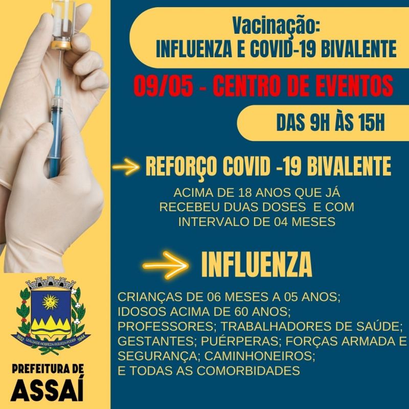 ATENÇÃO!!! TERÇA-FEIRA 09/05 É DIA DE VACINAÇÃO CONTRA GRIPE E COVID-19