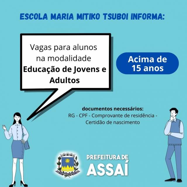 ATENÇÃO - VAGAS NA EJA ETAPA 1