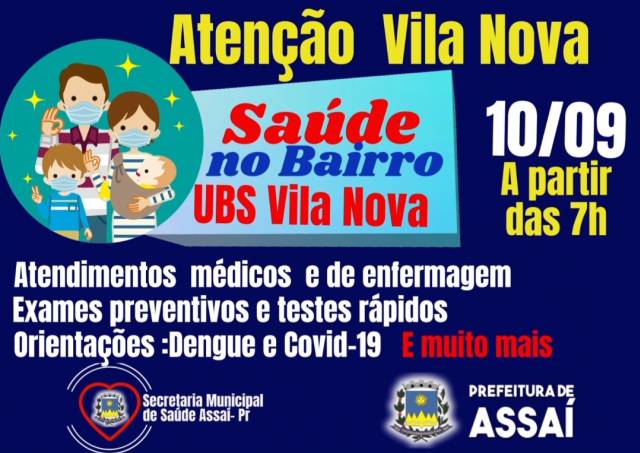 ATENÇÃO MORADORES DA VILA NOVA! SERVIÇOS DE SAÚDE  NO SEU BAIRRO, SEXTA-FEIRA DIA 10/09.