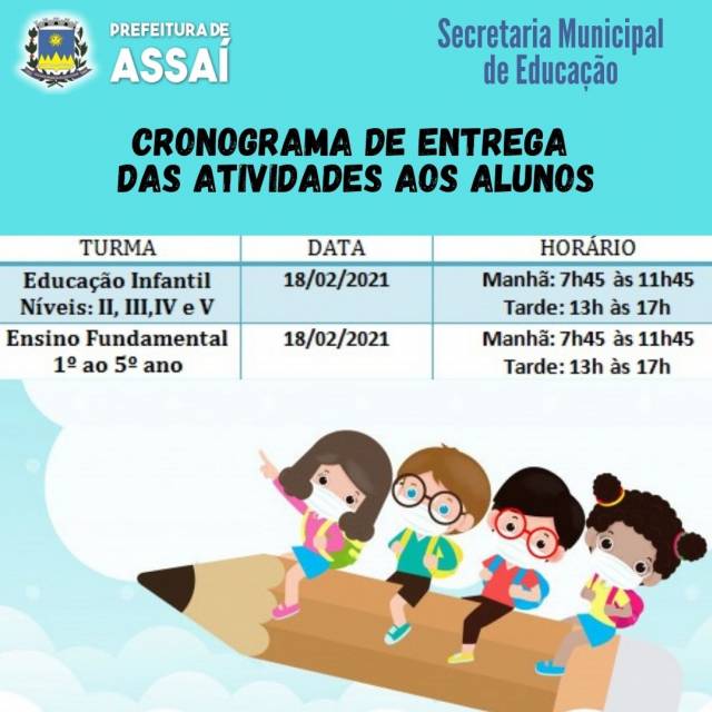 Cronograma de entrega de atividades escolares dia 18/02