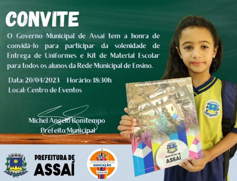 ENTREGA DE UNIFORMES E MATERIAL ESCOLAR PARA REDE MUNICIPAL DE EDUCAÇÃO, DIA 20/04.