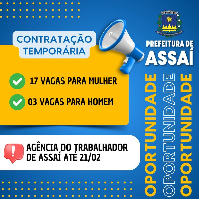 PREFEITURA ABRE CONTRATAÇÃO PARA FRENTE DE TRABALHO