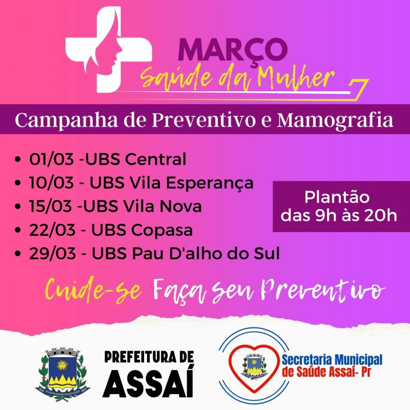 SECRETARIA DE SAÚDE REALIZARÁ EXAME PREVENTIVO E MAMOGRAFIA.